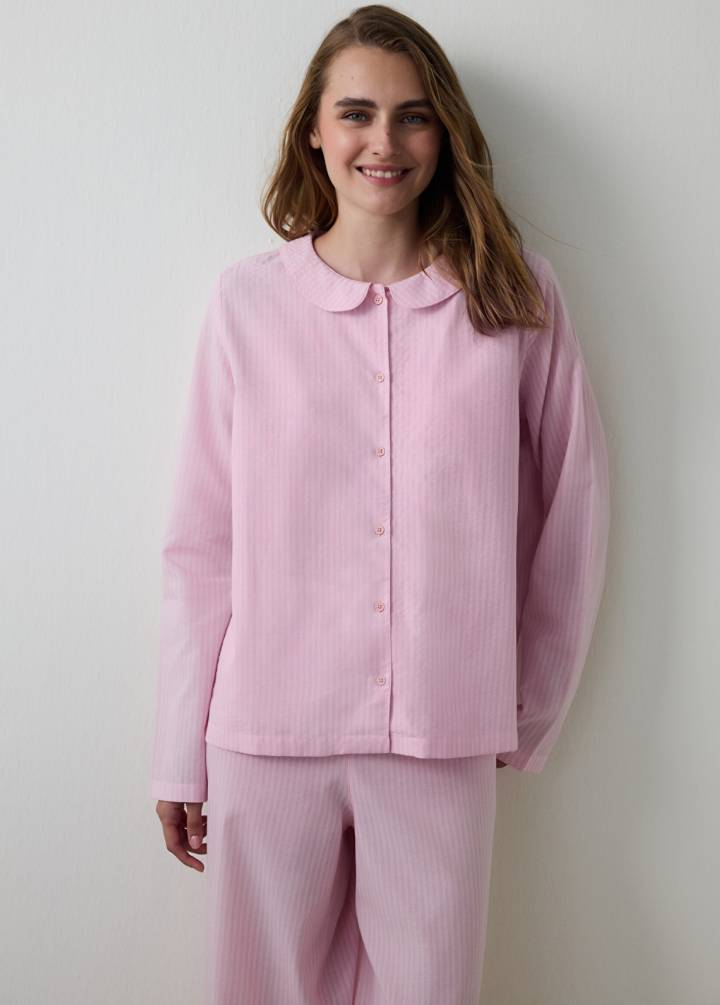 Çizgili Bağlama Detaylı Gömlek Yaka Pijama Takımı